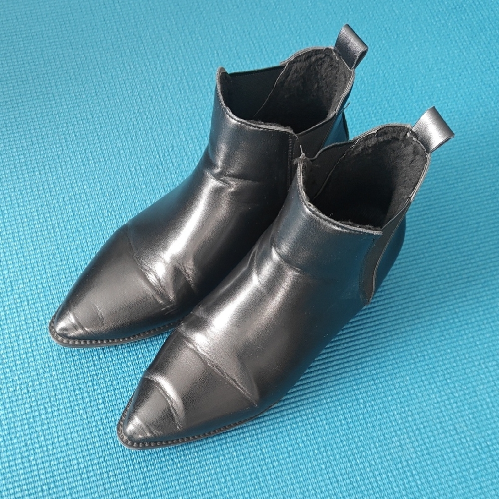 Black Pointed Leather Chelsea Booties - Women's Ankle Boots